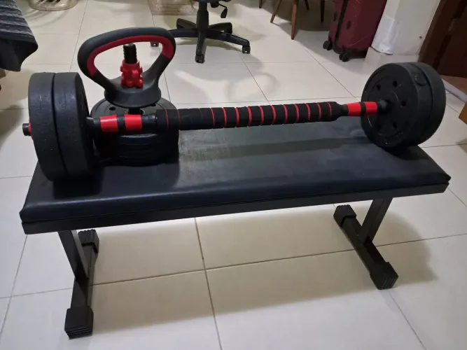 Kit Treino Funcional 10/15/20kg Halteres Barra Supino Kettlebell Preto