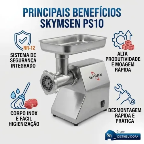 Picador de Carne Skymsen PS-10 Corpo Inox Moedor Boca 10 220V Novo