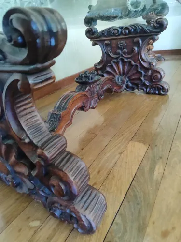 Elegante Mesa de Centro Antiga Em madeira Maciça Entalhada Tampo Vidro Temperado 20 mm