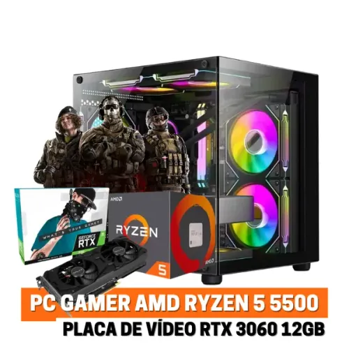PC Gamer, AMD Ryzen 5 5500, Placa de Vídeo RTX 3060 12GB, 16GB DDR4, SSD 480GB