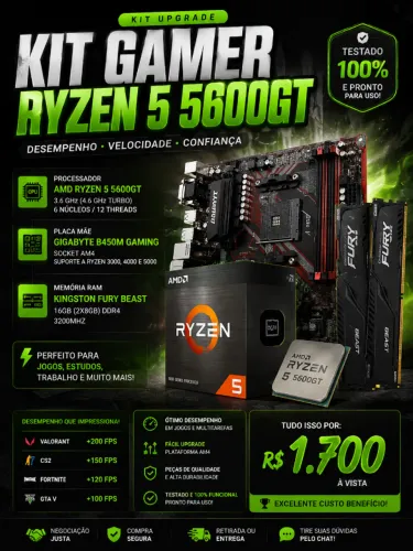 KIT UPGRADE GAMER RYZEN 5 5600GT + B450M + 16GB DDR4 | ÓTIMO CUSTO-BENEFÍCIO