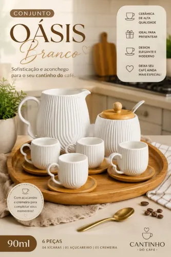 Conjunto Oásis Branco 6 Peças em Cerâmica | Xícaras 90ml + Açucareiro e Cremeira