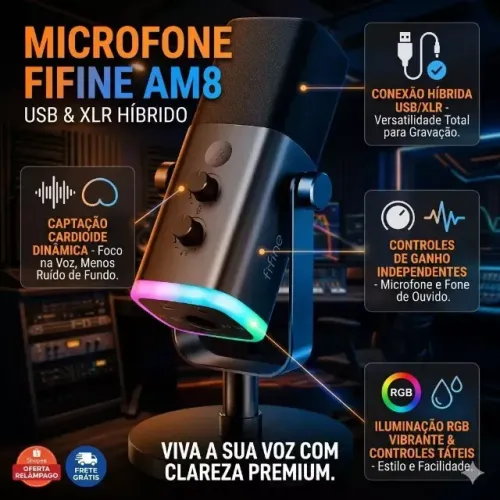 Microfone Fifine USB/XLR AM8 Dinâmico Cardioide Preto - Qualidade Profissional para Games,