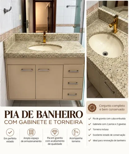 Pia de Banheiro em Granito com Gabinete, Cuba e Torneira