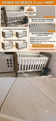 Berço 3 em 1 100% MDF + Colchão Ortobom