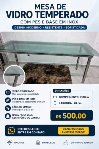 Mesa de Vidro Temperado com pés base de Inox
