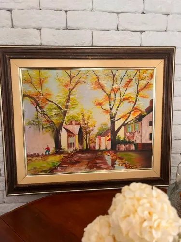 Quadro Antigo Óleo sobre Tela Paisagem Outono Assinado Milton 86 54x65cm