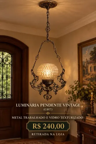 LUMINÁRIA PENDENTE VINTAGE EM METAL E VIDRO