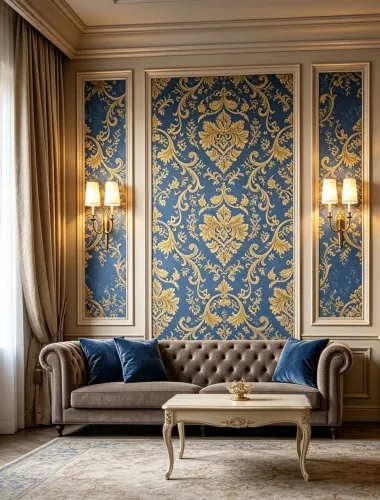 Papel de parede Arabesco azul com dourado Vinílico importado rolo 10mx53cm cobre 4.3m2