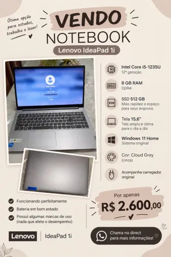 Notebook Lenovo IdeaPad 1i | i5 12ª Geração | 8GB RAM | SSD 512GB