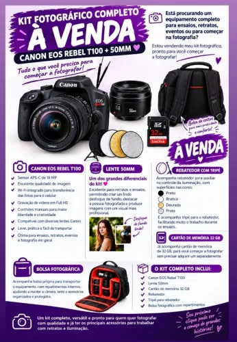 Camera fotográfica Canon t100 + kit completo + lente 50mm
