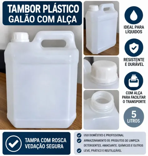 Galão Plástico 5 Litros Usado com Tampa e Alça<br>