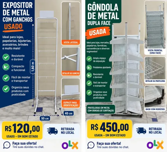 Vendo expositor e gôndola de metal em excelente estado