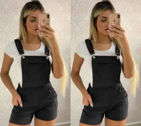 Macaquinho curto jardineira bengaline com fivela e bolsos feminino