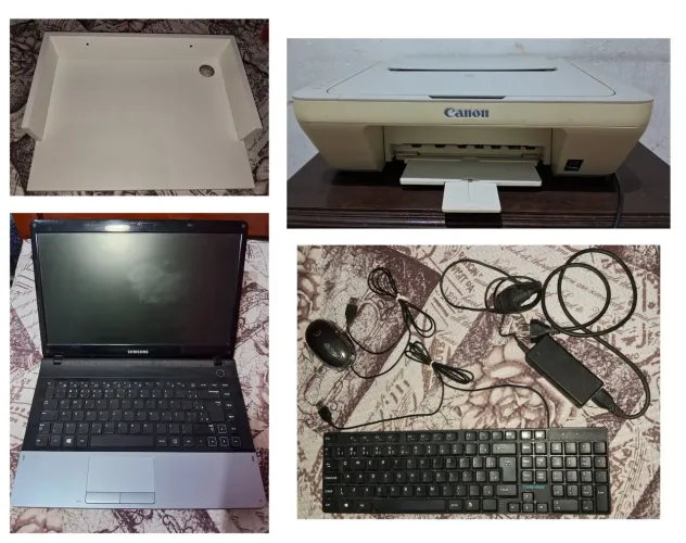 Combo: notebook (com teclado e mouse) + impressora + prateleira.