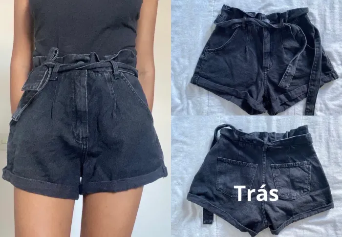 Short preto de algodão estilo mom com cinto removível (16 anos)