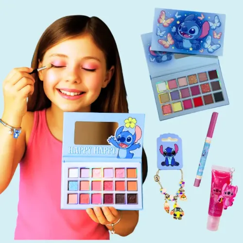 Kit De Maquiagem Lilo & Stitch Disney Paleta Sombra 18 cores Lápis Labial Gloss Pulsseira