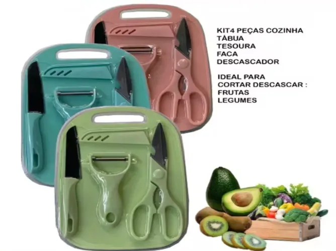Kit 4 Peças para Cozinha - Tábua + Faca + Tesoura + Descascador