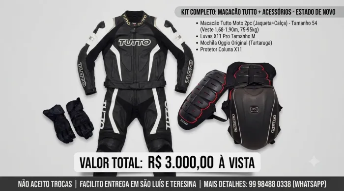 KIT COMPLETO PILOTAGEM ESPORTIVA: MACACÃO TUTTO TAM. 54 + LUVAS, MOCHILA OGIO E PROTETOR