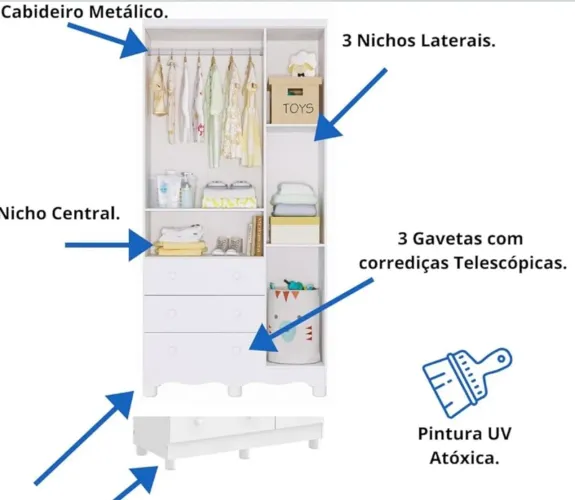 Guarda Roupa 3 Portas de Bebê - Móveis Peroba - Branco