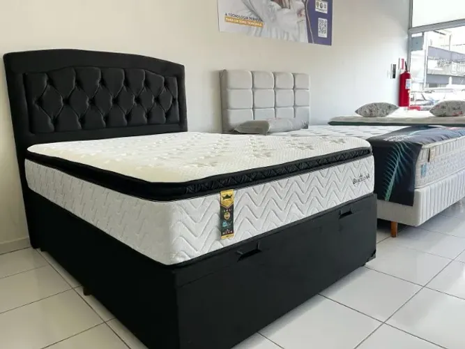 Cama Box com Baú Casal Nova Colchão Marca Hellen Molas Ensacadas Pillow Top Gel Macio