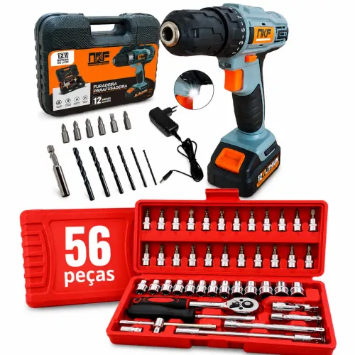 Kit Parafusadeira + Jogo de soquetes 56 PCS 
