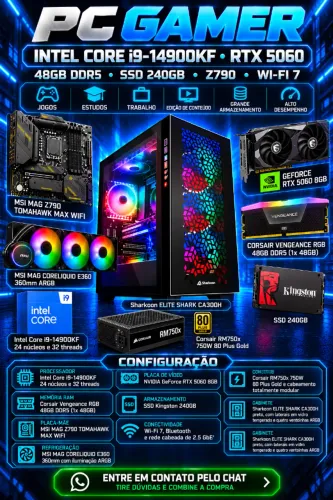 PC Gamer Intel Core i9-14900KF RTX 5060 48GB DDR5 SSD 240GB Z790 Wi-Fi 7