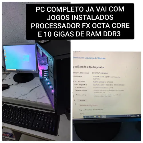 VENDO PC COMPLETO PROCESSADOR FX OCTA CORE 10 GIGAS DE RAM E 500 GIGAS DE HD OTIMO traba