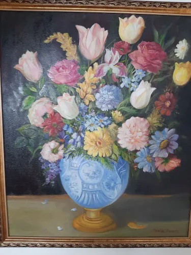 Pintura a oleo sobre tela "Vaso de flores raras" original da artista plastica