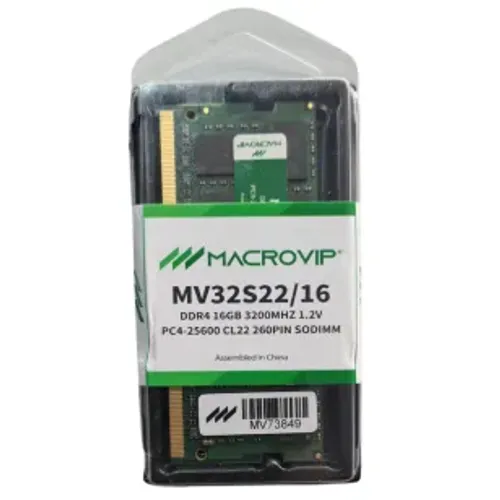 MEMORIA P/ NOTEBOOK SODIMM MACROVIP 16GB DDR4 3200MHZ PC4 25600 CL22 260PIN 1.2V MV32S22/1
