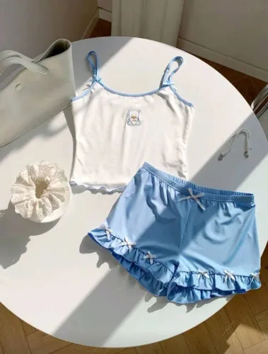 Conjunto Feminino 2 Peças - Camisola + Shorts com Babado - Tamanho M