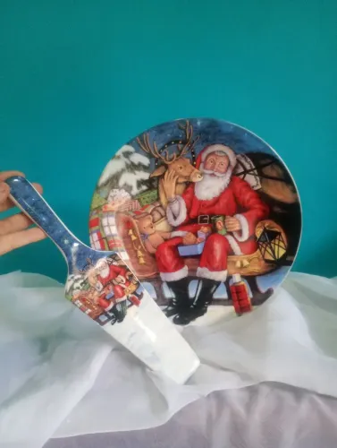 Prato para bolo e espátula em porcelana italiano - Papai Noel <br>