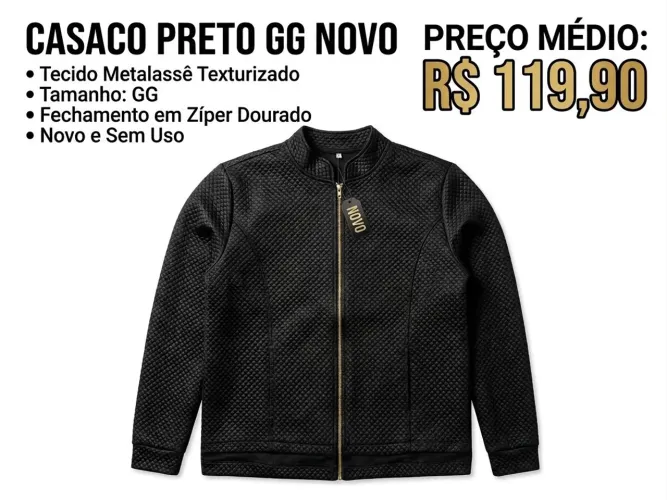 Casaco preto com zíper gg e novo