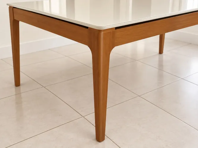 Mesa de Jantar Mira 160 x 90 cm - Madeira Maciça, Tampo com Vidro - Sem Cadeiras
