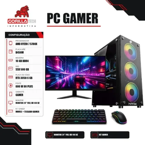 PC Gamer Completo Ryzen 7 5700X RTX 3050 6 GB 16GB SSD + Monitor - Gorilla Tech