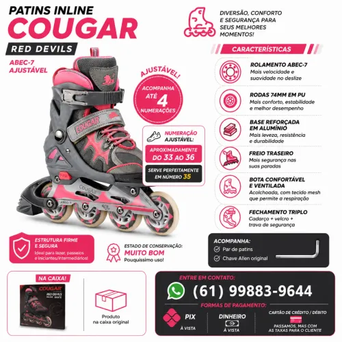 Patins Inline Cougar Red Devils ABEC-7 Ajustável | Semi Novo