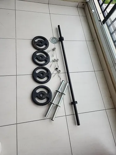 Kit Musculação 16kg Anilhas de Ferro + 3 Barras para Halteres e Supino