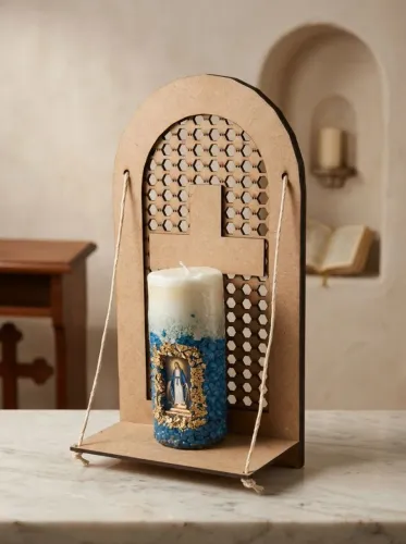 Mini Oratório de MDF com Vela Artesanal de Nossa Senhora Aparecida