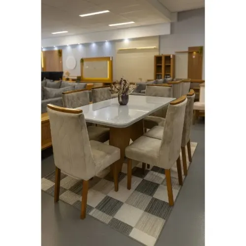 Mesa de Jantar 6 Cadeiras Tampo de Vidro Caramelo