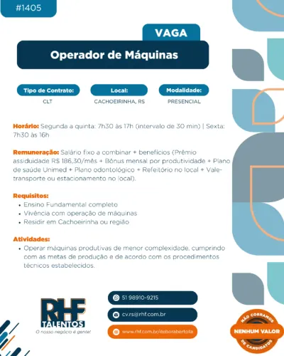 Vagas para Operador de Máquinas Cachoeirinha/RS 