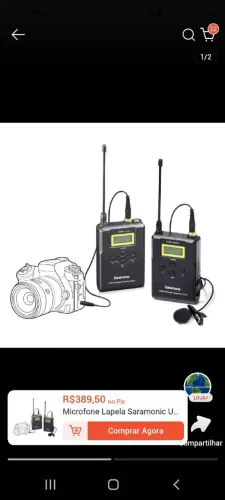 Microfone Lapela Saramonic UwMic15 UHF Portátil para DSLR e Campo