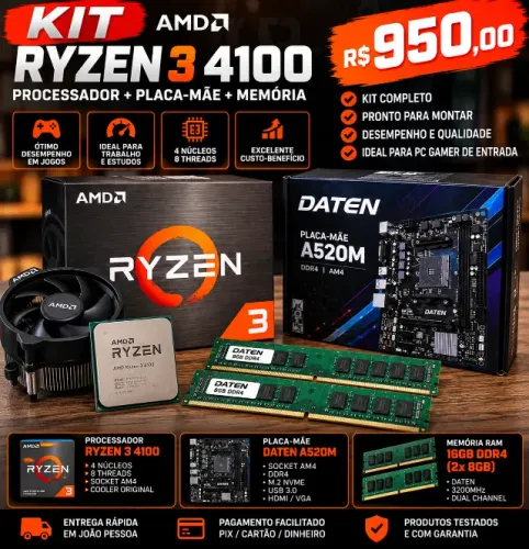 kit upgrade Ryzen 3 4100 placa mae a520 16gb ram