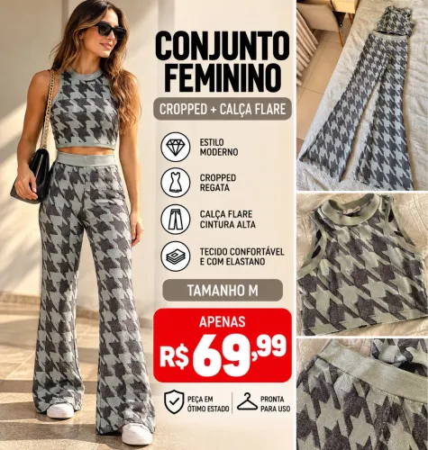 CONJUNTO FEMININO EXCLUSIVO | CROPPED + CALÇA FLARE | TAMANHO M - 69,99
