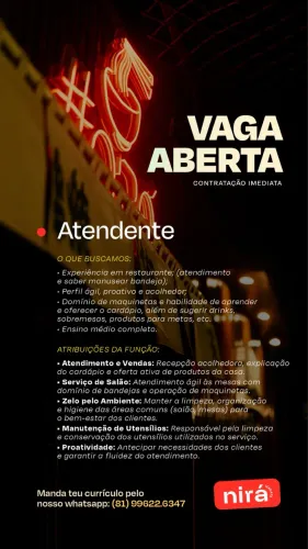 VAGAS PARA GARÇOM COM EXPERIÊNCIA!