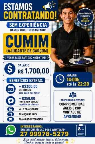 Vaga de emprego sem experiência para CUMIM (ajuste de garçom)