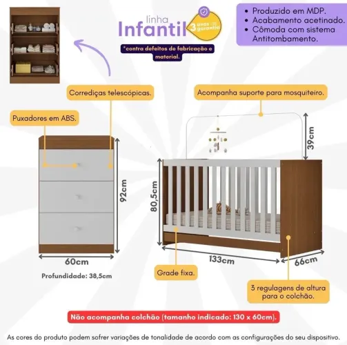 Berço 3 em 1 para Colchão 130 x 60cm com Cômoda 3 Gavetas Doce de Leite