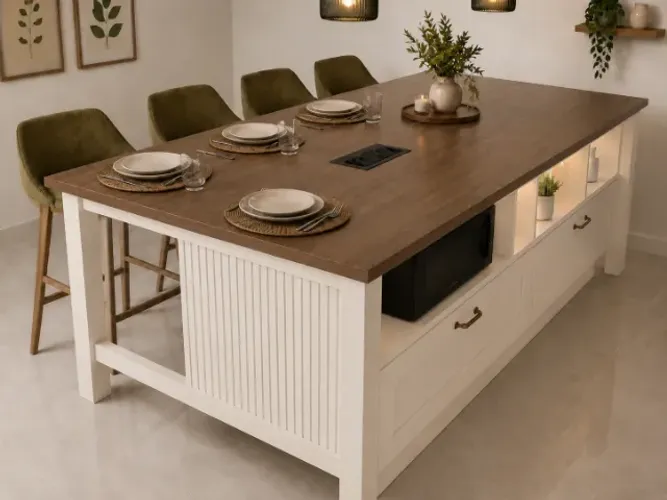 Ilha Deluxe Walnut Wood. L240CM X P90cm x A90CM. 2 Gavetas. Com Tomada