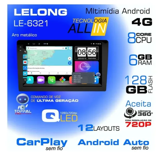 Multimídia Universal QLed 9" Lelong LE-6321 6gb ram 128gb interno Octa core