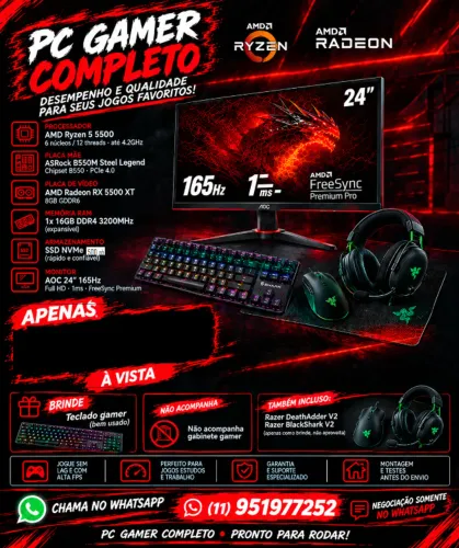 Pc gamer completo SEMINOVO-rz5 5500-rx5500xt-16gb ram(3200MHz) Monitor 165hz aoc