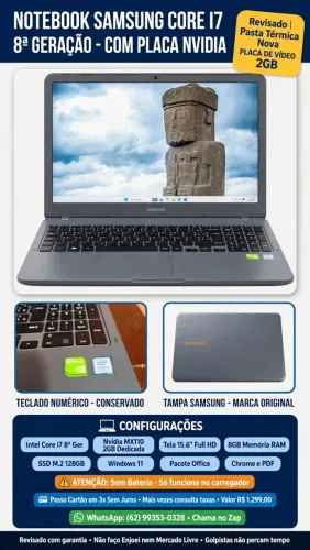 Notebook Samsung Core i7 8°Geração/ SSD M2 128GB/ 8GB/ Nvidia 2Gb